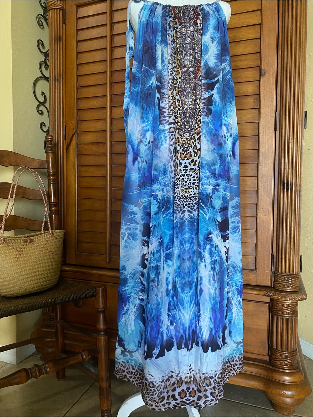 Resort Wear Blue Watercolor Abstract Maxi Dress/ Leopard Crystal Detailing
